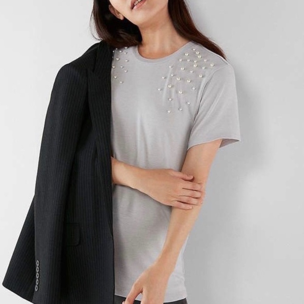 Express Gray Pearl Embellished T-Shirt - Picture 1 of 7